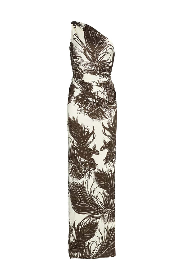 One-Shoulder Feather-Print Gown