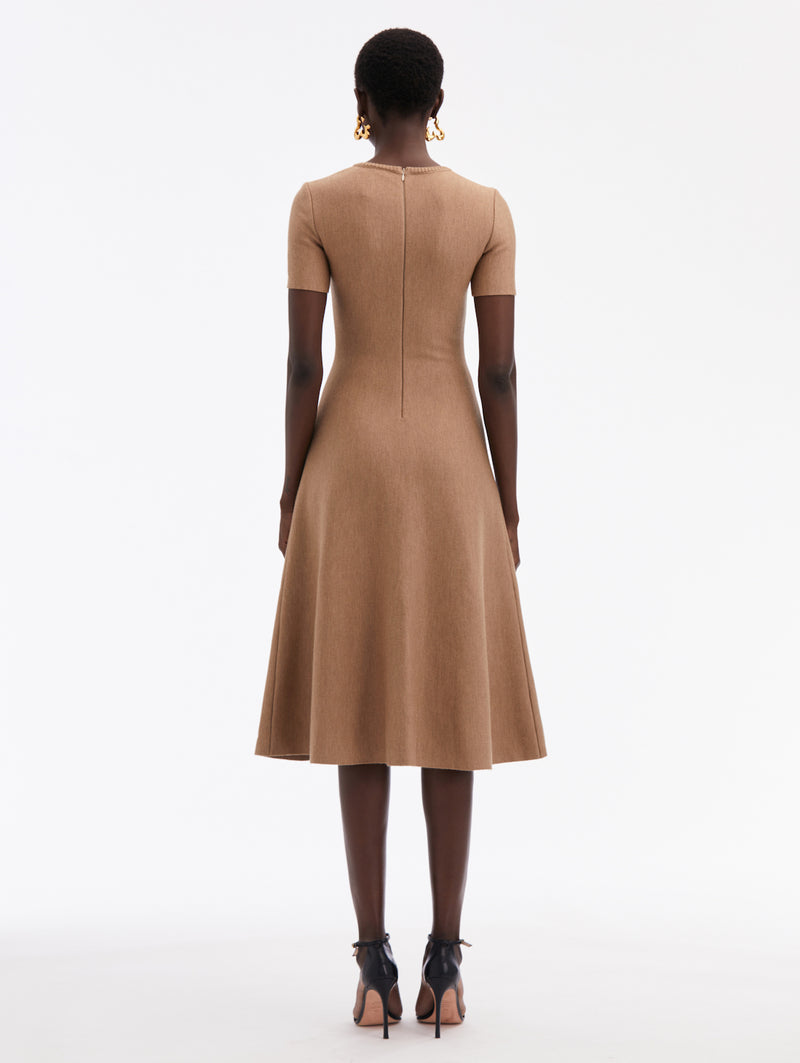 Short Sleeve Crew-Neck Jewel Button Detail Midi Knit Dress