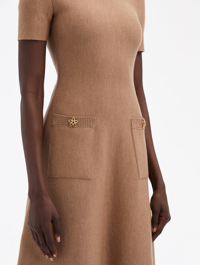 Short Sleeve Crew-Neck Jewel Button Detail Midi Knit Dress