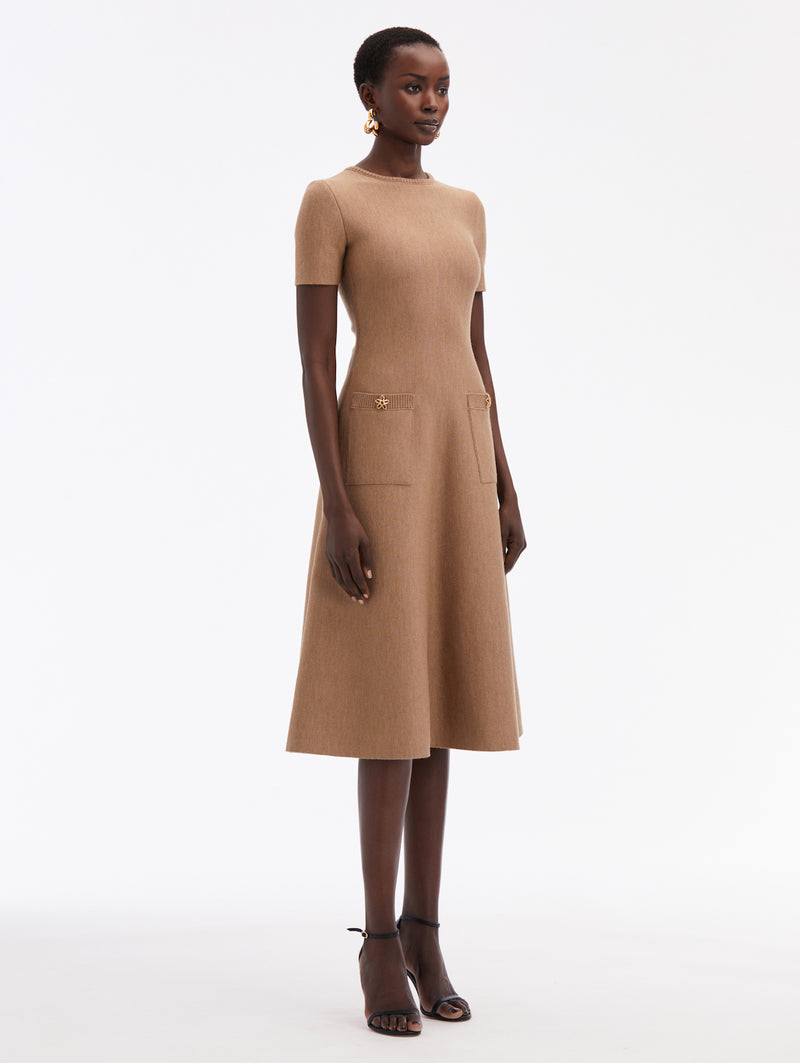 Short Sleeve Crew-Neck Jewel Button Detail Midi Knit Dress