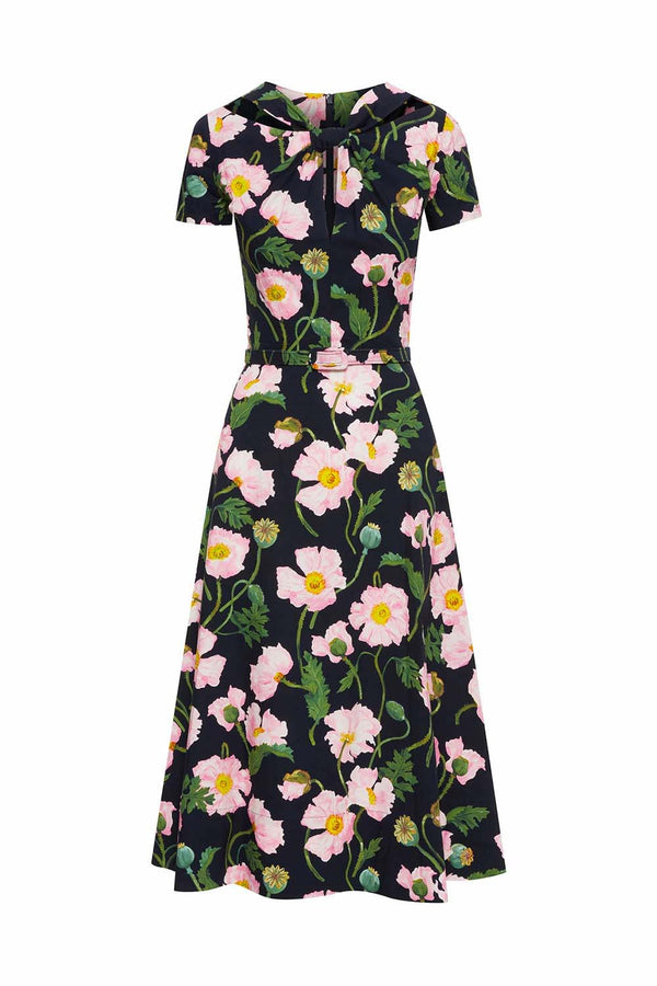 Painted Poppies-Print Poplin Midi Dress