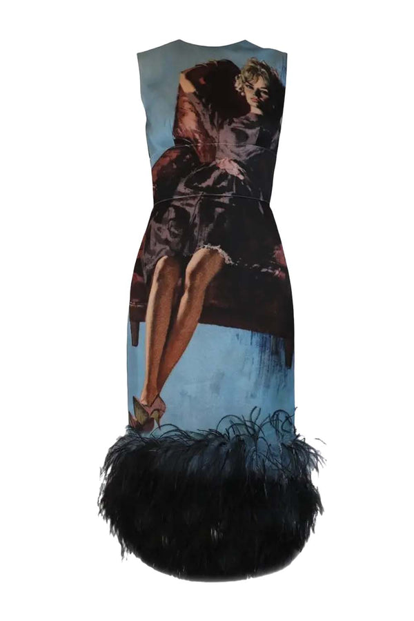 Feather-trimmed Printed Wool & Silk-blend Dress