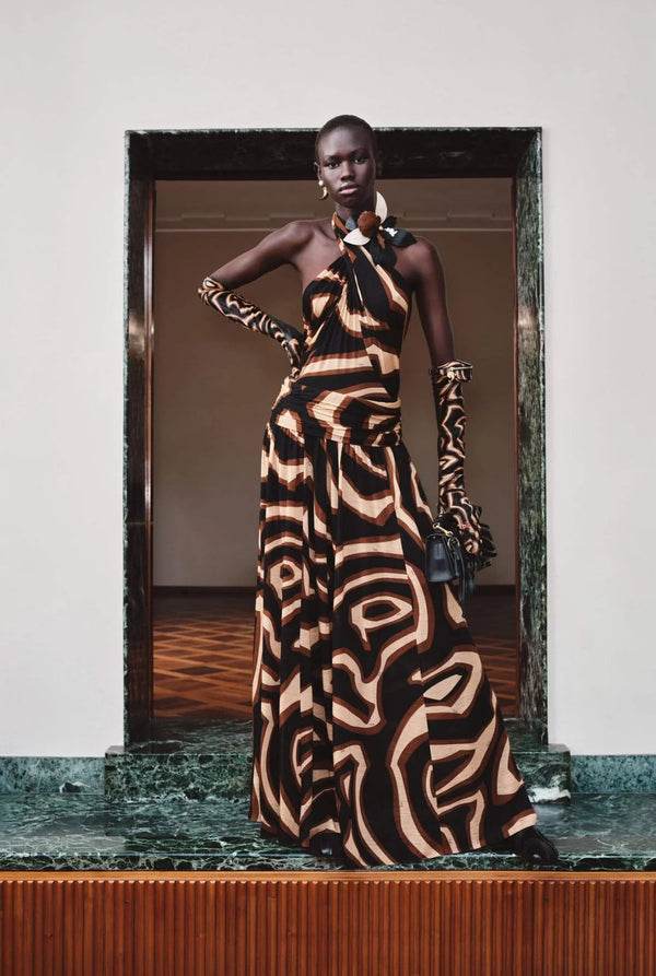 Halterneck Labirinto Print Jersey Gown