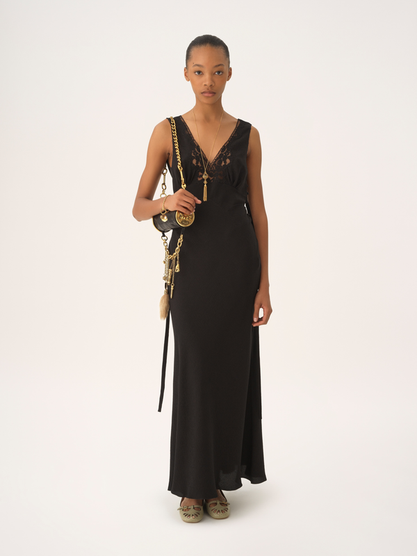 Sleeveless Silk Jacquard & Lace Column Dress