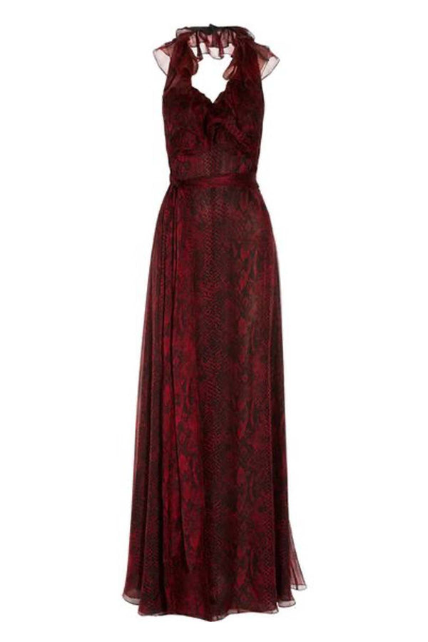 Ruffled Snake-Print Silk-Chiffon Gown