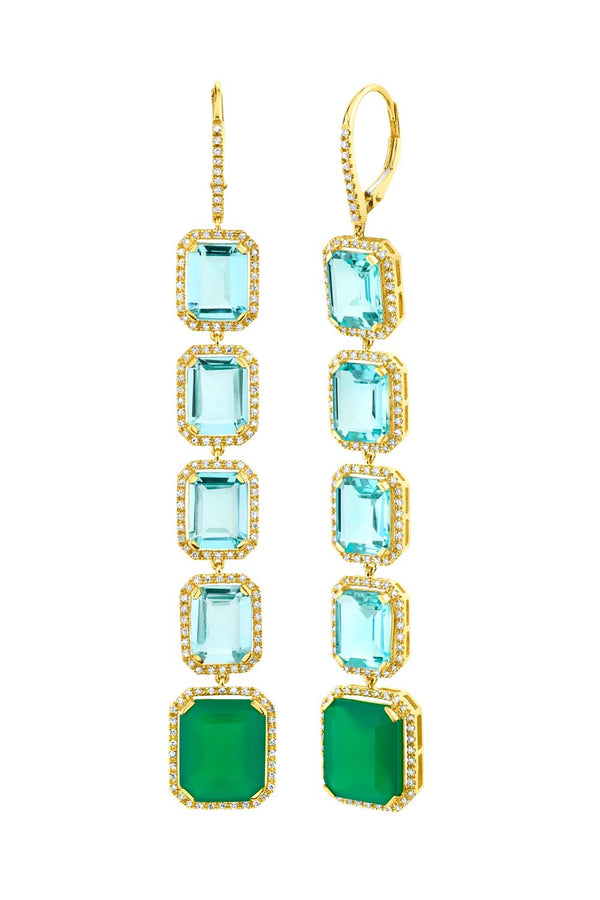 Blue Topaz & Green Agate 5 Tier Portrait Earrings