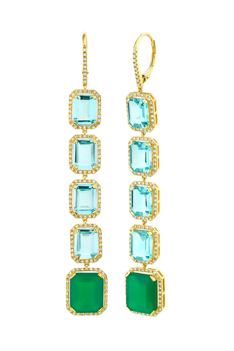 Blue Topaz & Green Agate 5 Tier Portrait Earrings