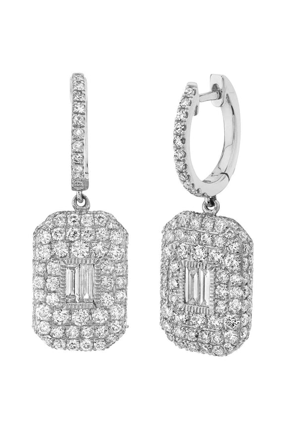 White Gold Diamond Pave Baguette Drop Earrings