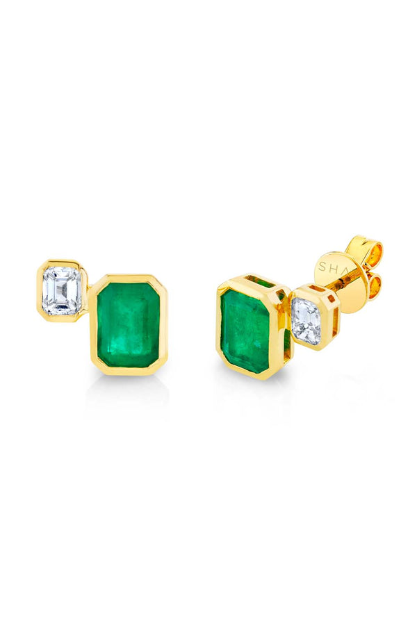 Emerald Bezel Set Two Step Studs