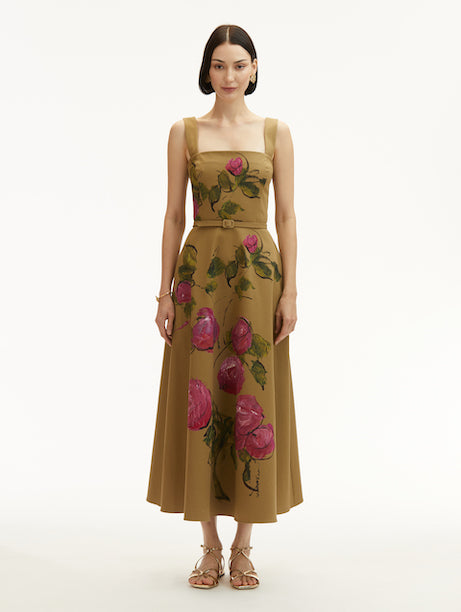 Sleeveless Painted Roses Full Skirt Cotton Twill Dress
