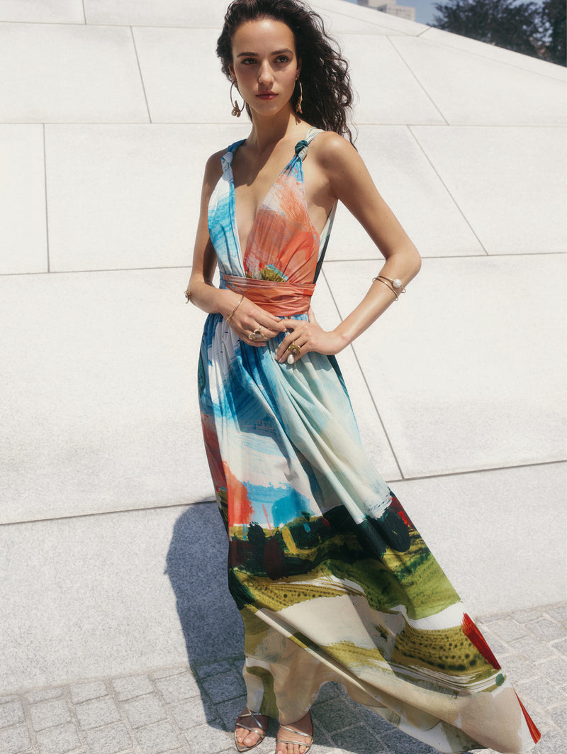 Abstract Landscape Print Cotton Maxi Dress