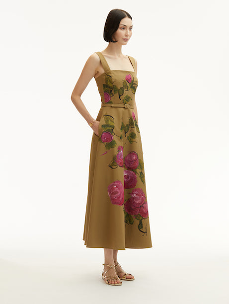 Sleeveless Painted Roses Full Skirt Cotton Twill Dress
