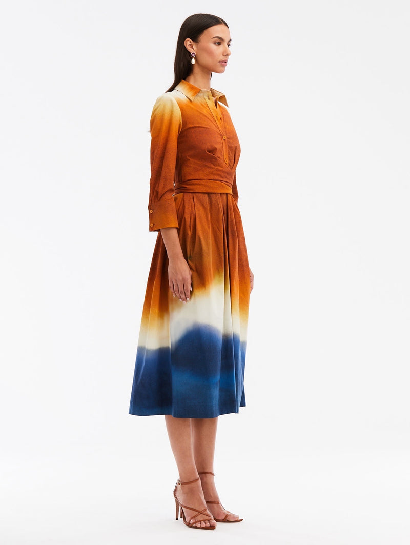 Long Sleeve Wrap Detail Abstract Ombre Poplin Dress