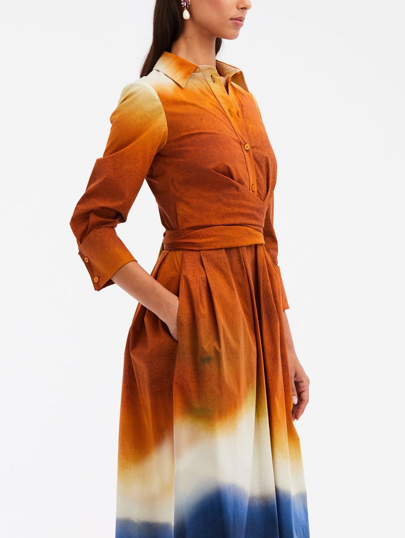 Long Sleeve Wrap Detail Abstract Ombre Poplin Dress