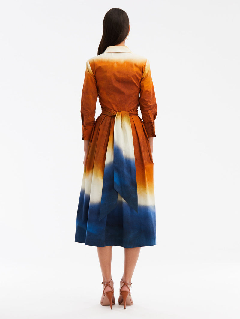 Long Sleeve Wrap Detail Abstract Ombre Poplin Dress