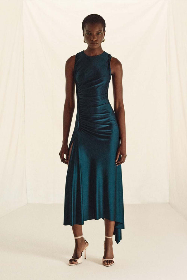 Ruched Satin Midi Dress