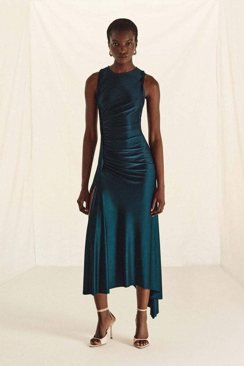 Ruched Satin Midi Dress