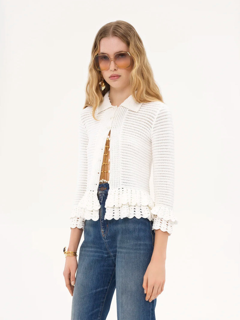 Ruffled Crocheted Cotton Cardigan
