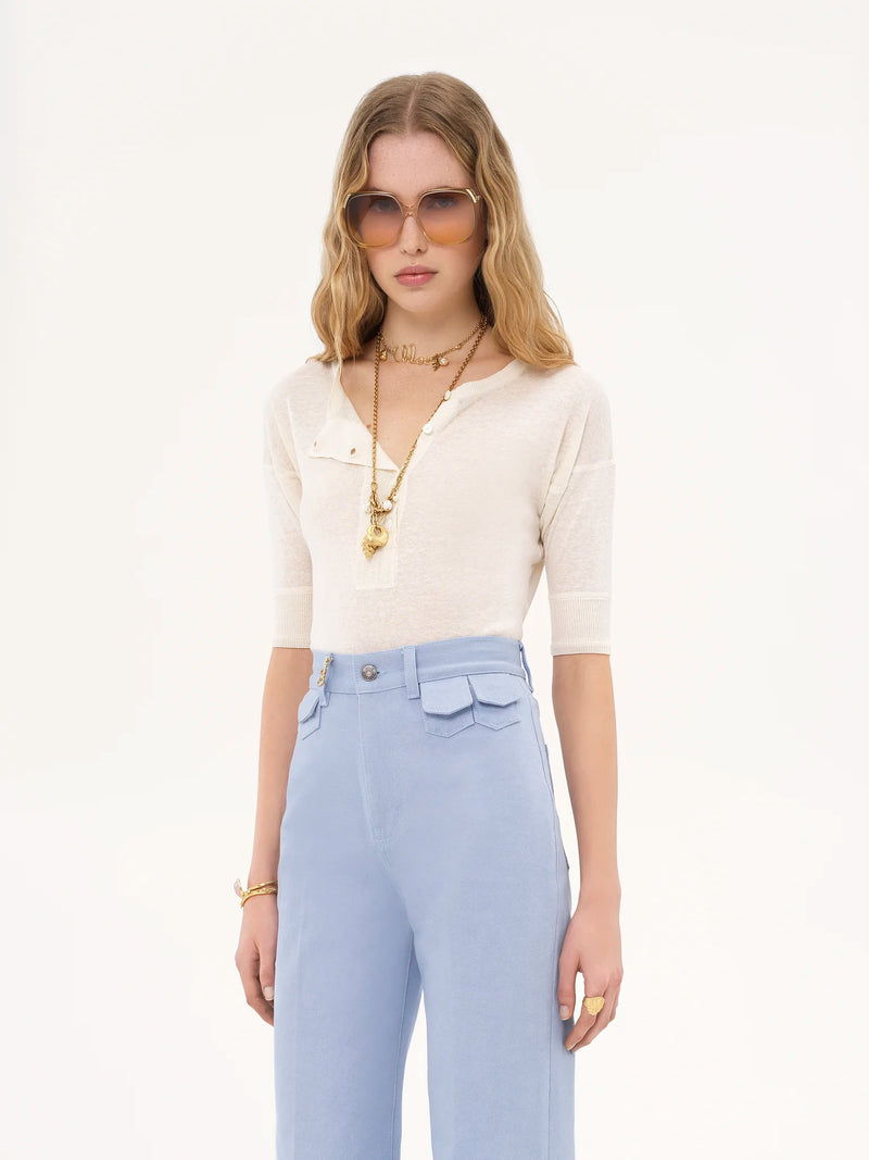 Linen & Silk Short-Sleeve Henley Knit Top