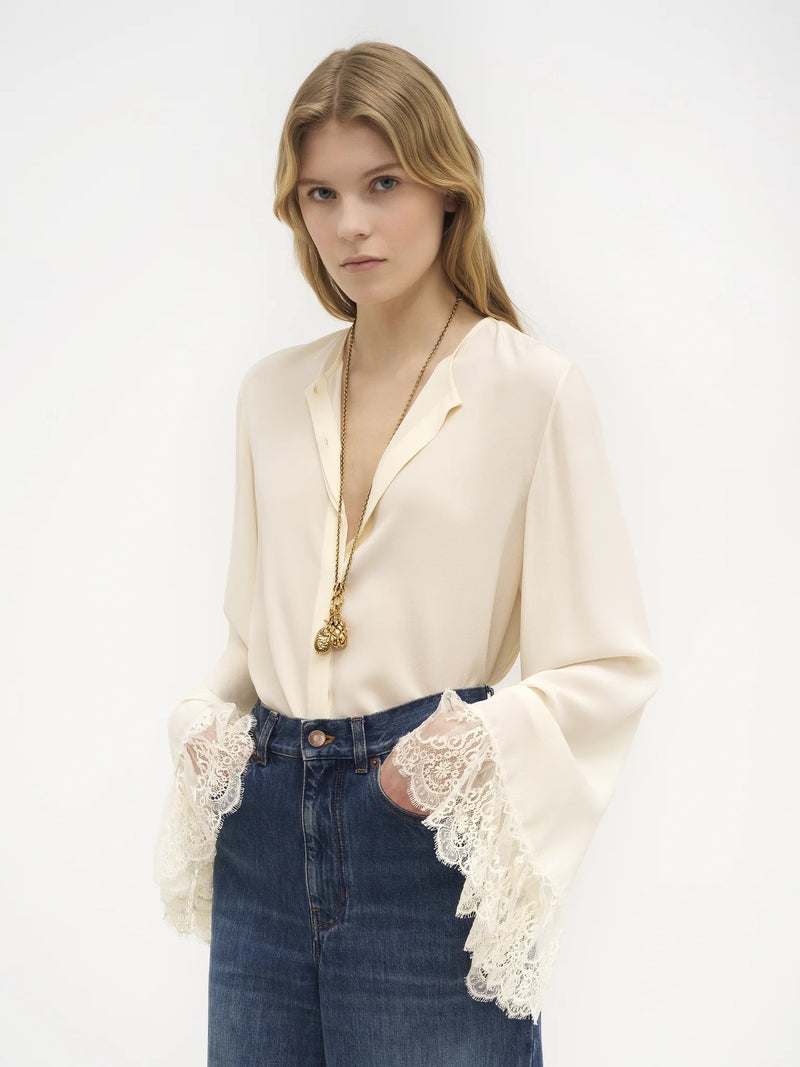 Lace Cuff Silk Blouse