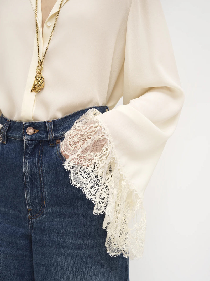 Lace Cuff Silk Blouse
