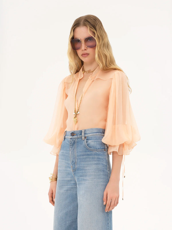 Silk Mousseline Puff-Sleeve Blouse