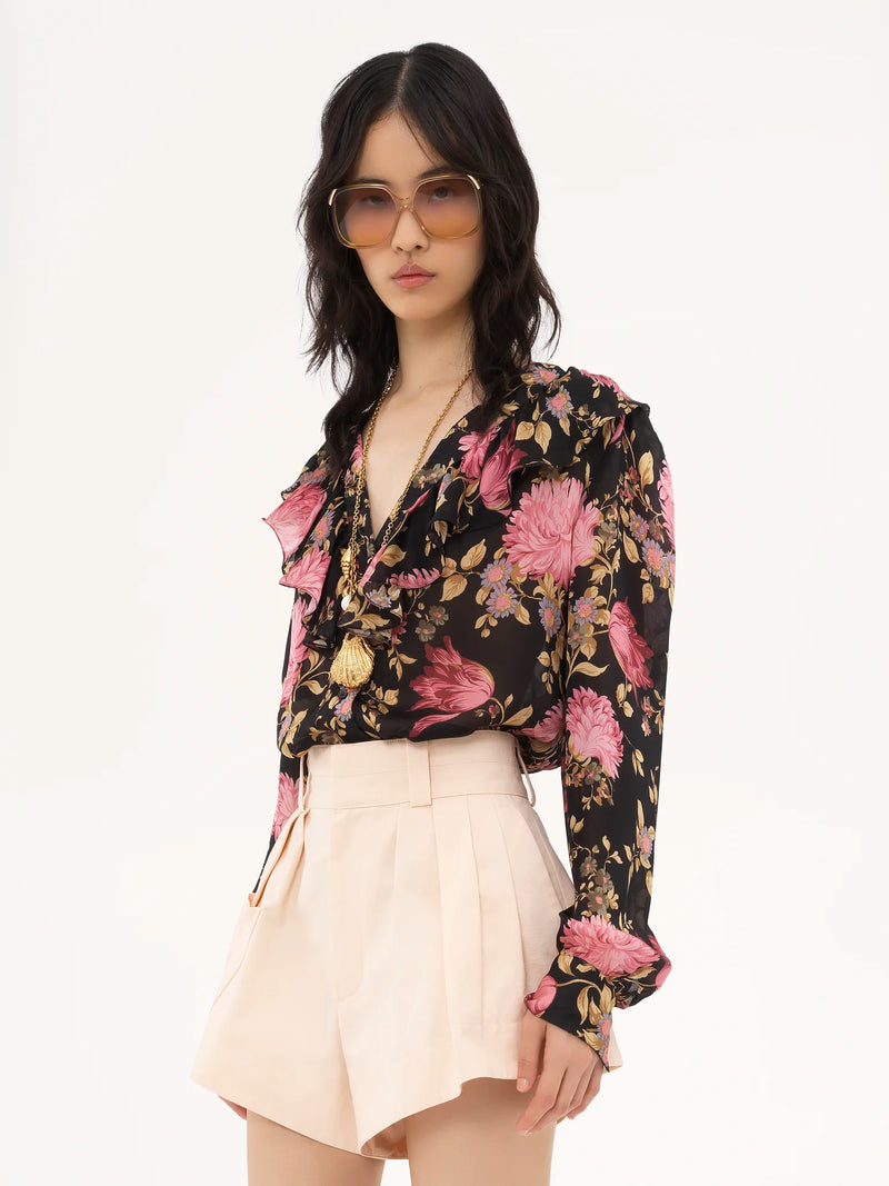 Floral Silk Charmeuse V-Neck Ruffled Blouse