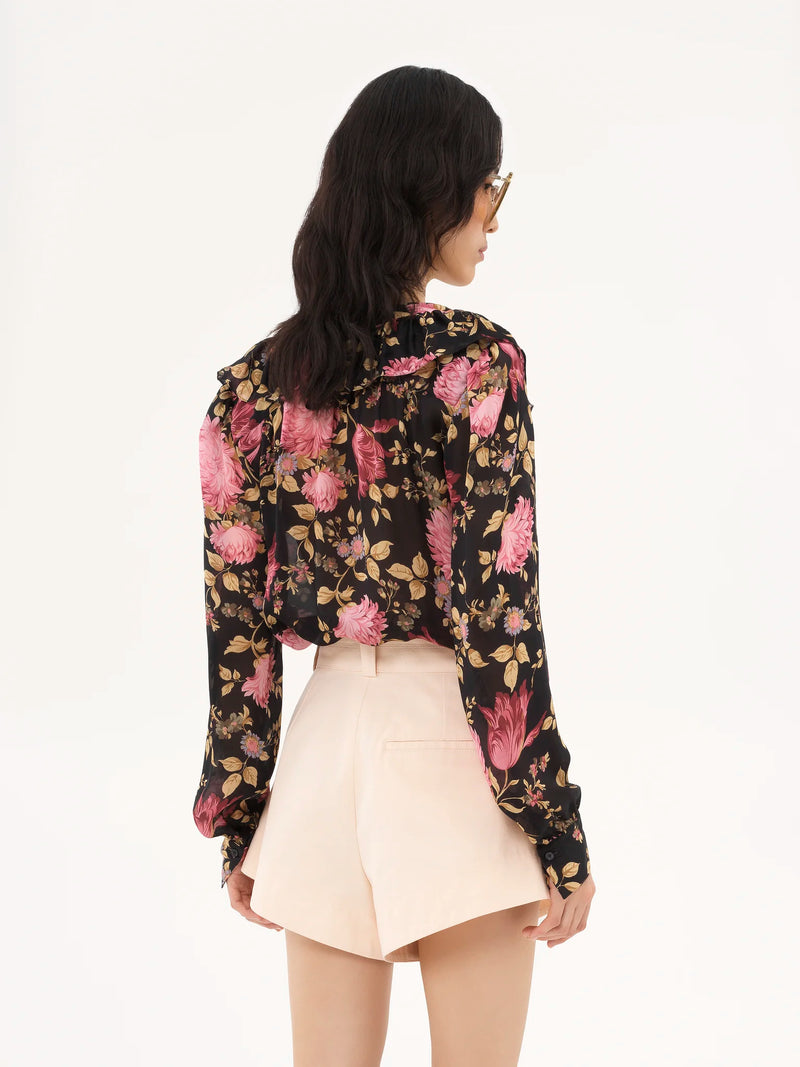 Floral Silk Charmeuse V-Neck Ruffled Blouse