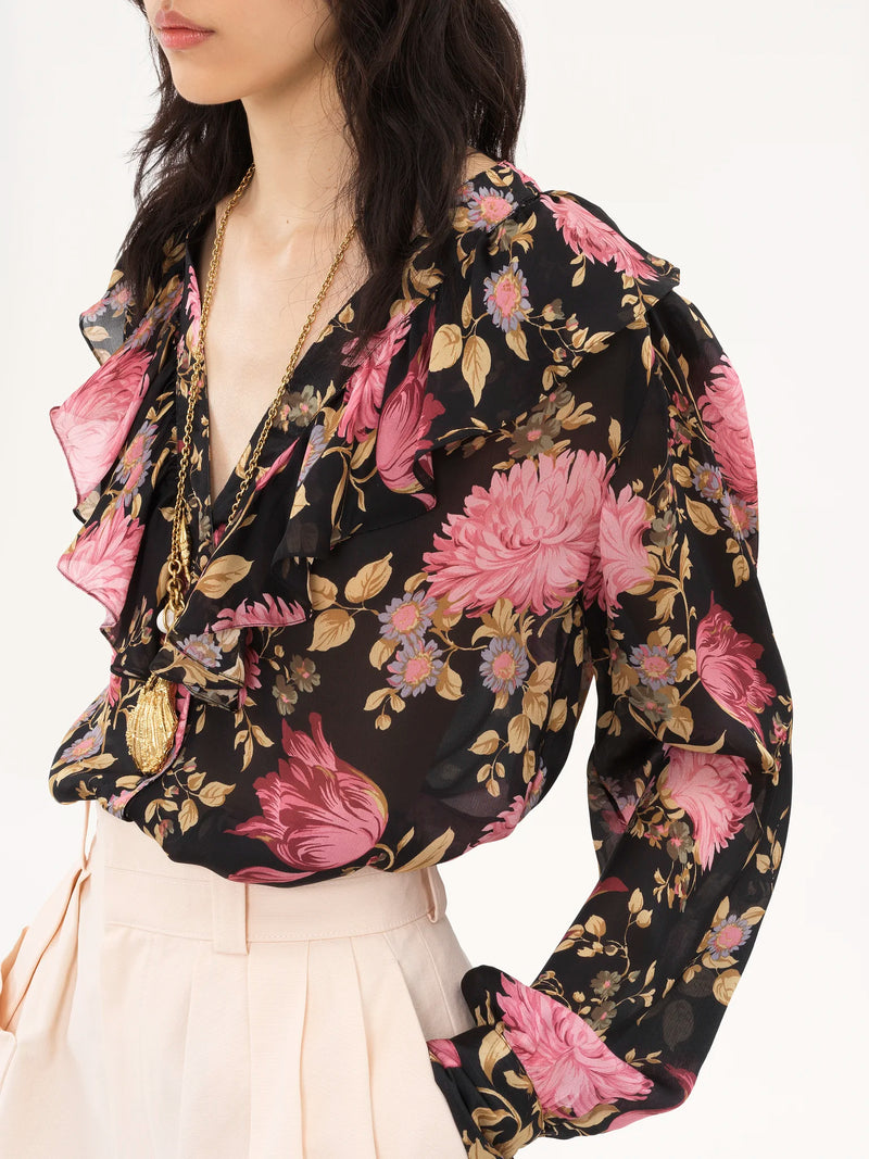 Floral Silk Charmeuse V-Neck Ruffled Blouse