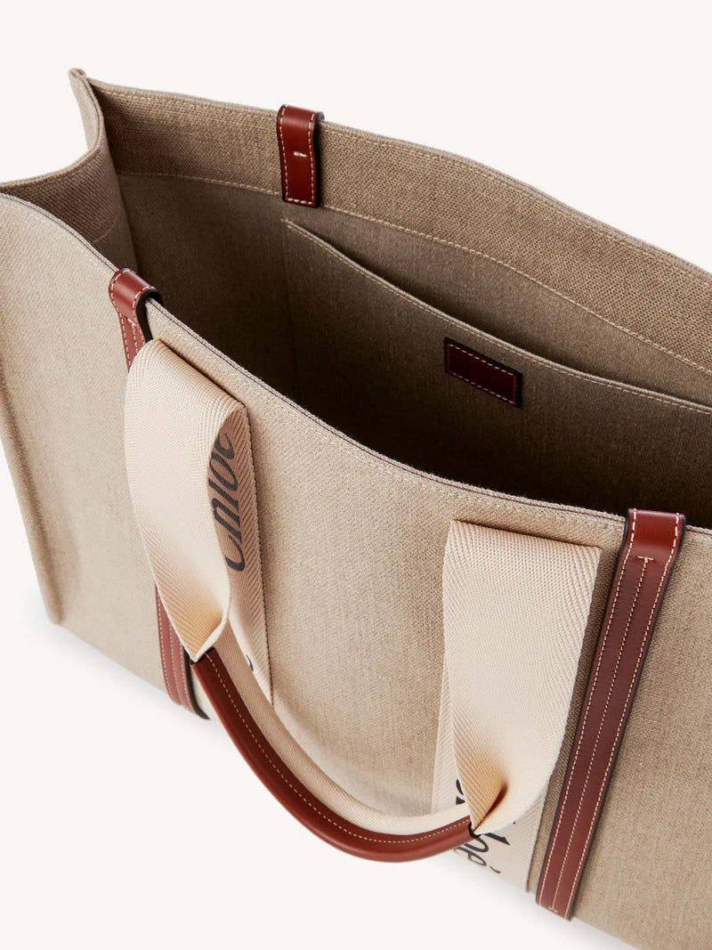 Woody Medium Leather-Trimmed Linen Tote