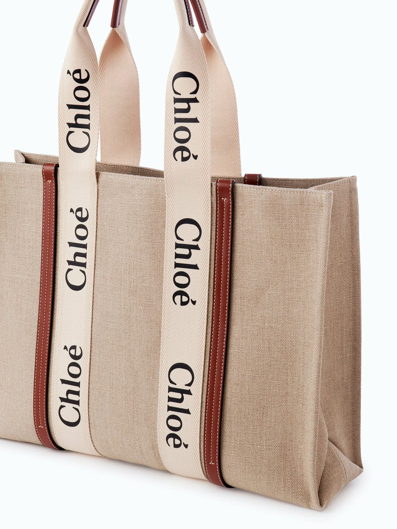 Woody Medium Leather-Trimmed Linen Tote