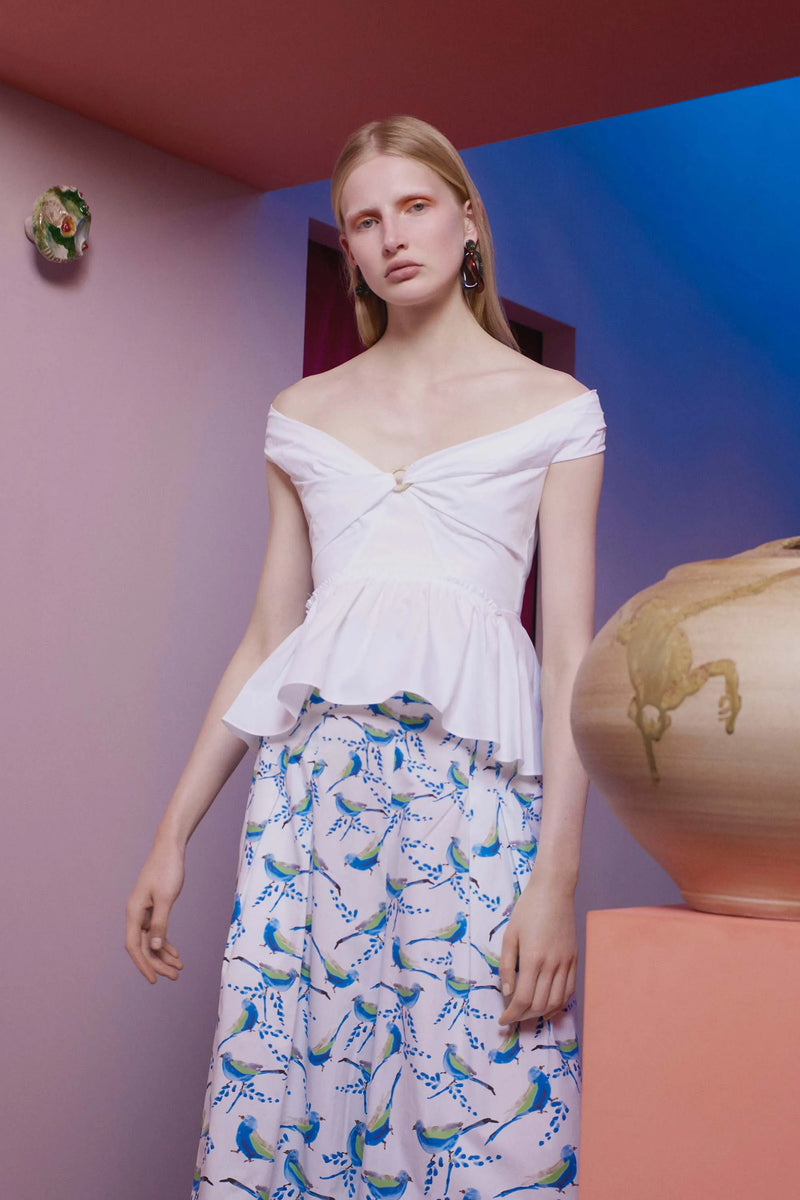 Sleeveless Bird-Print Cotton Midi Dress