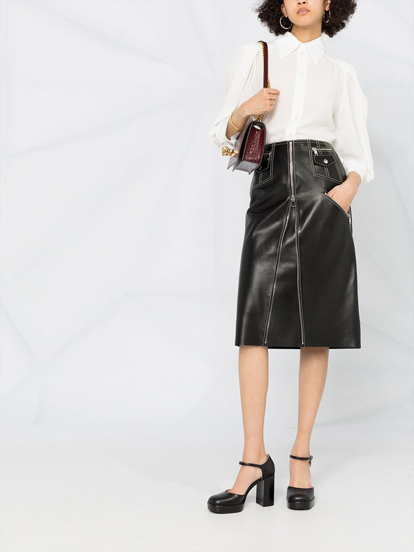 A-Line Zip Detail Leather Skirt