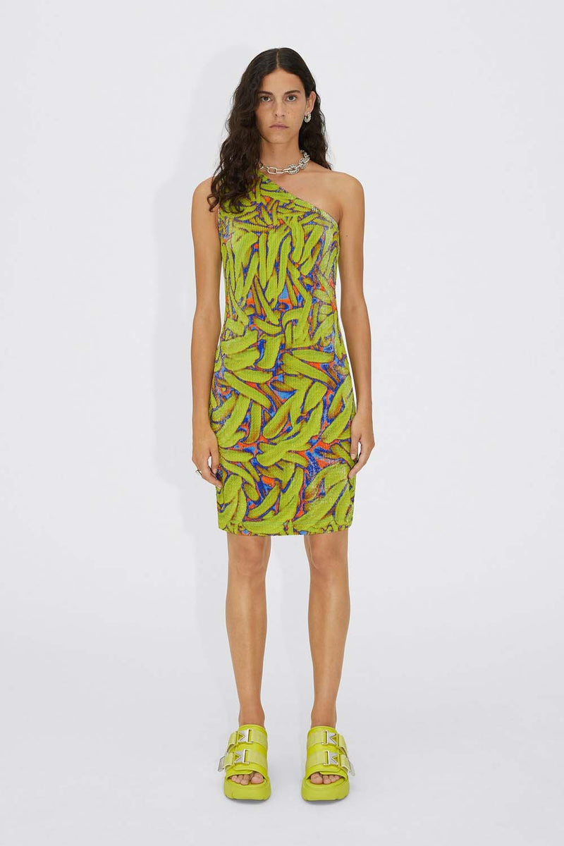 Banana Print Crinkle One Shoulder Dress