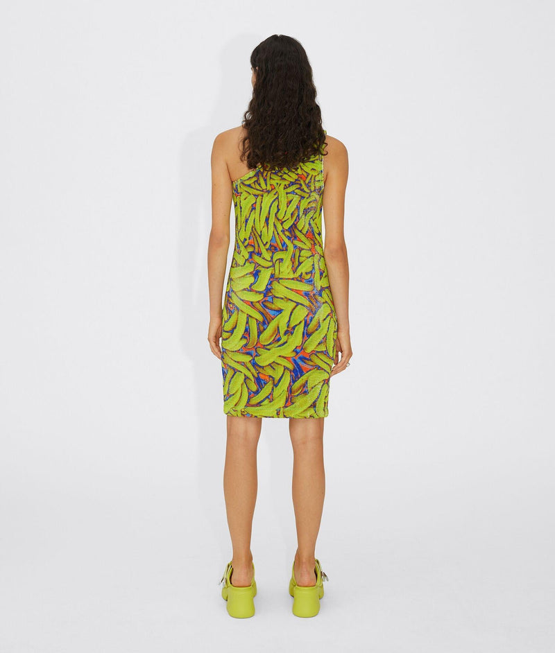 Banana Print Crinkle One Shoulder Dress