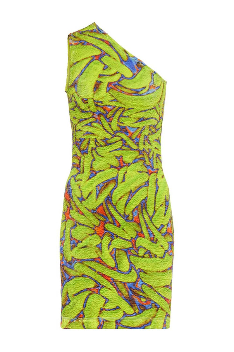 Banana Print Crinkle One Shoulder Dress