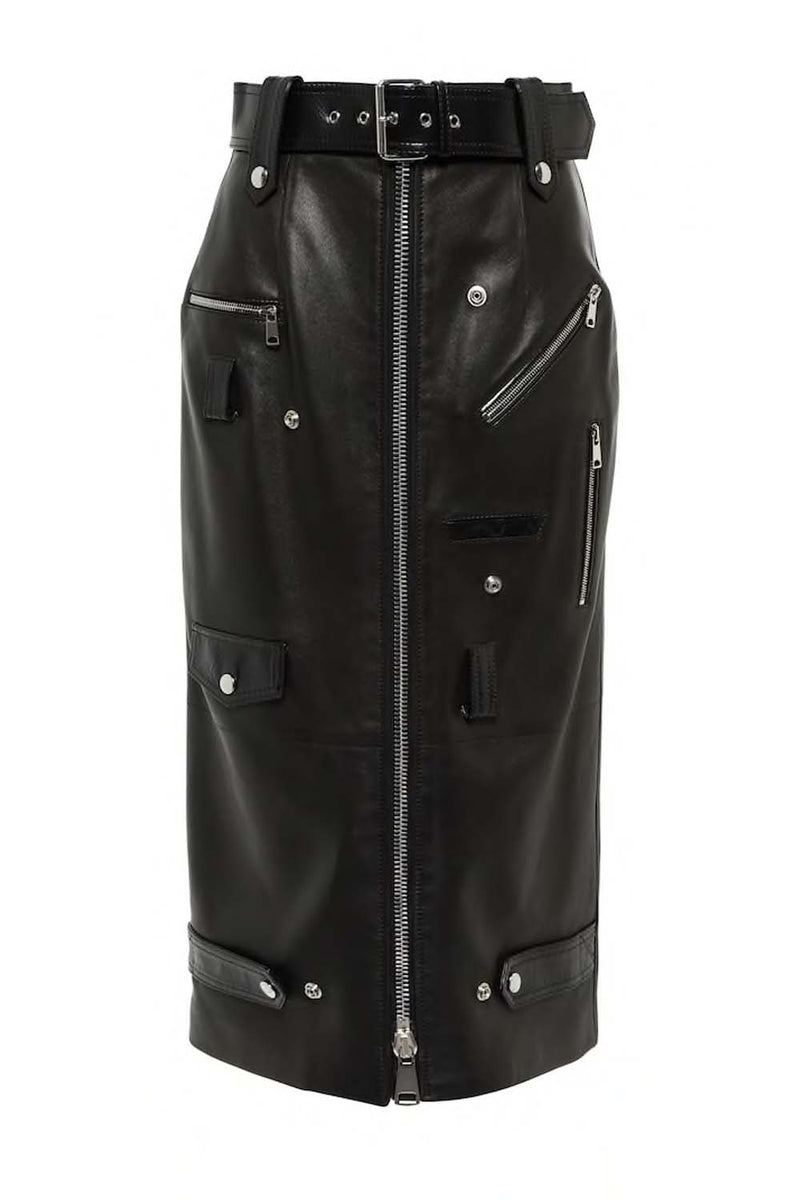 Belted Biker Lambskin Leather Pencil Skirt