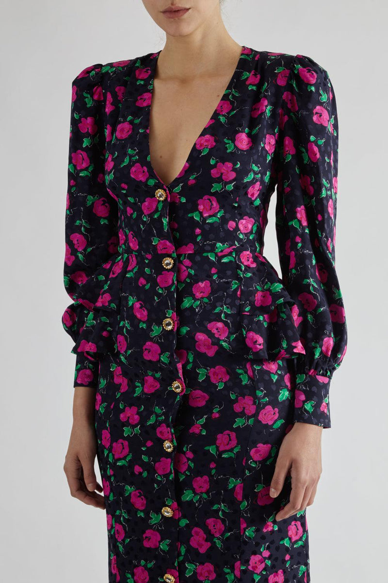 Floral V Neck Silk Dress