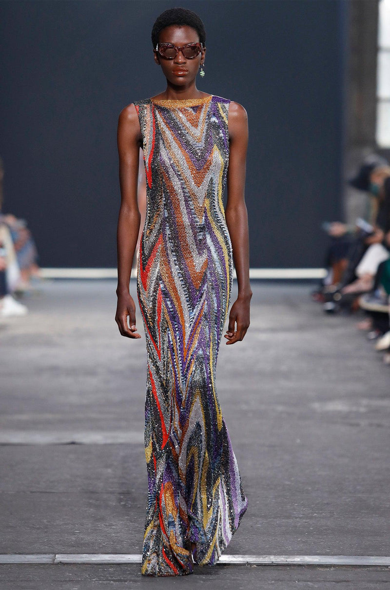 Sequin-Embellished Metallic Crochet-Knit Maxi Dress