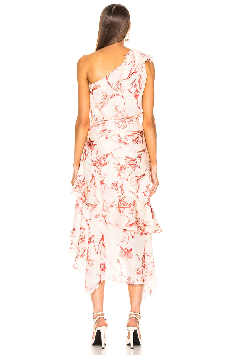 Inamorado One-Shoulder Floral Print Silk Dress