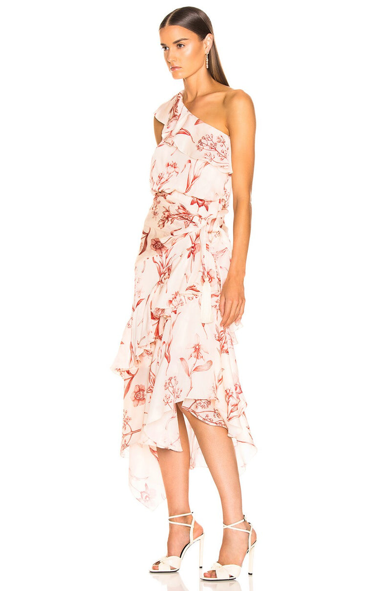 Inamorado One-Shoulder Floral Print Silk Dress