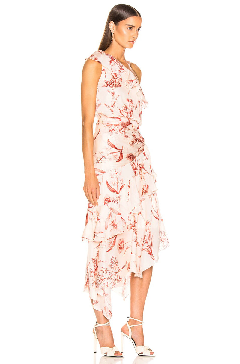 Inamorado One-Shoulder Floral Print Silk Dress