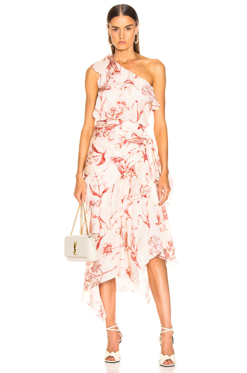 Inamorado One-Shoulder Floral Print Silk Dress