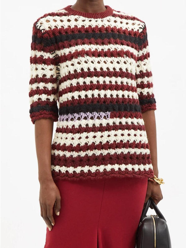 Cropped Sleeve Striped Crochet Sweater