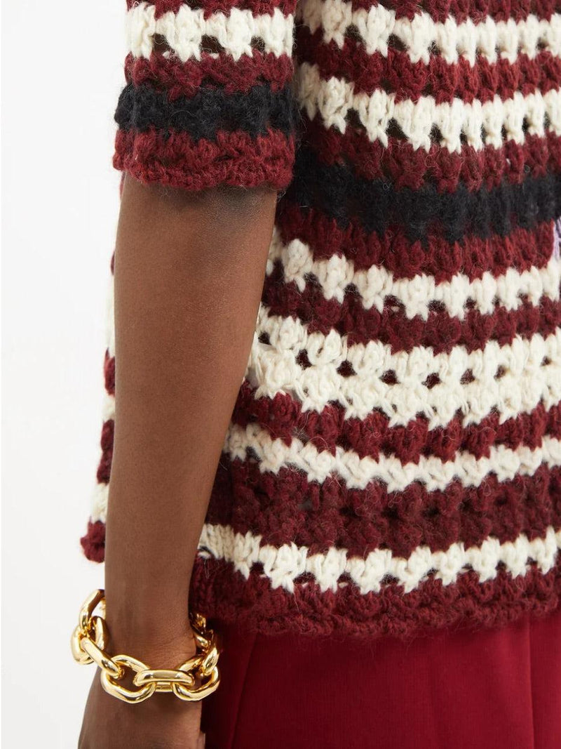 Cropped Sleeve Striped Crochet Sweater