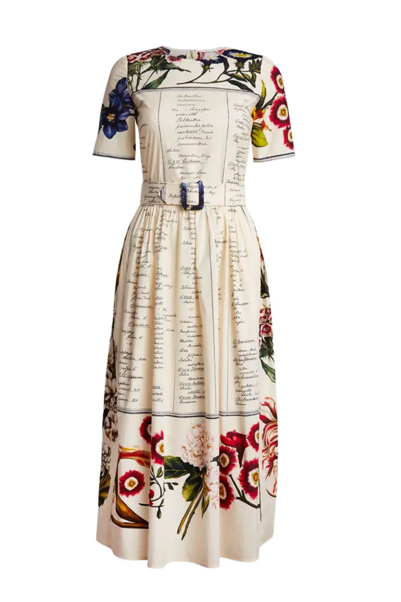 Floral Calligraphy Print Poplin Midi Dress