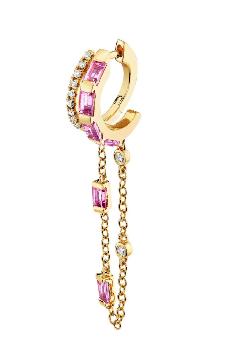 Single Pink Sapphire & Diamond Double Mixed Fringe Huggie