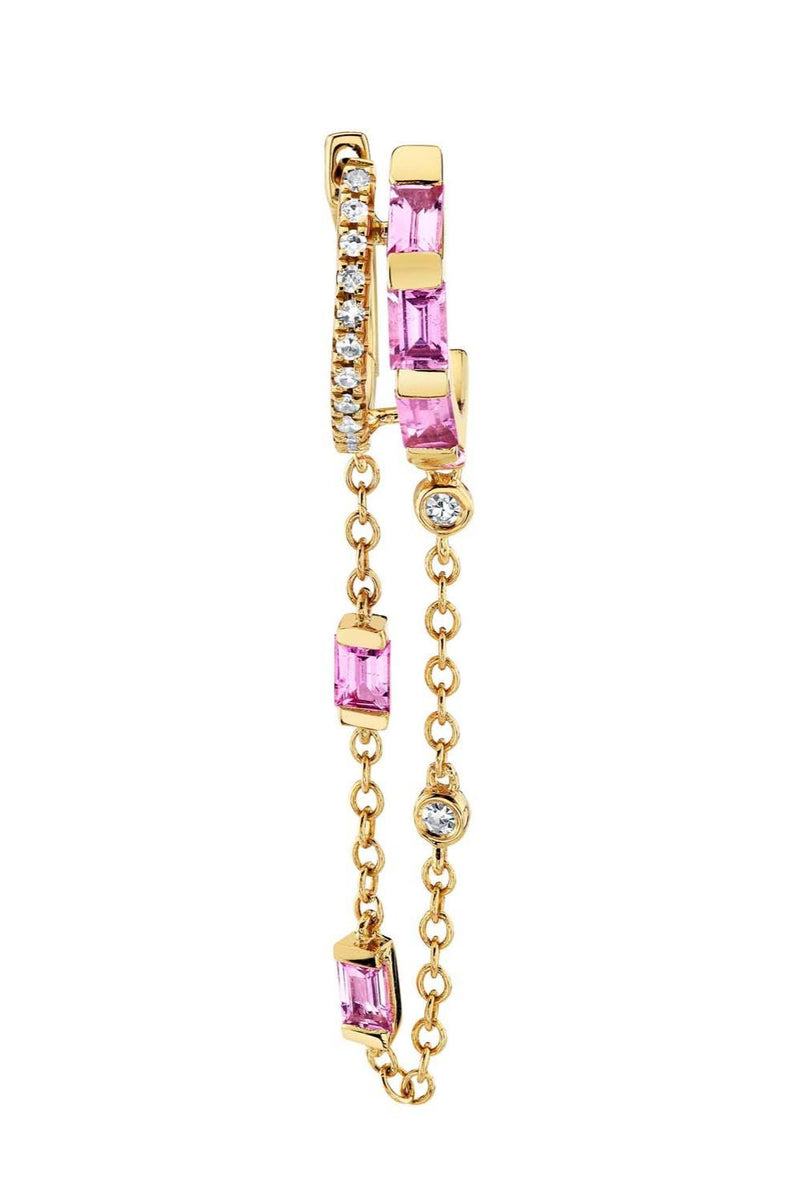 Single Pink Sapphire & Diamond Double Mixed Fringe Huggie