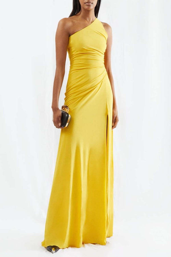 One-Shoulder Gathered Crepe Gown