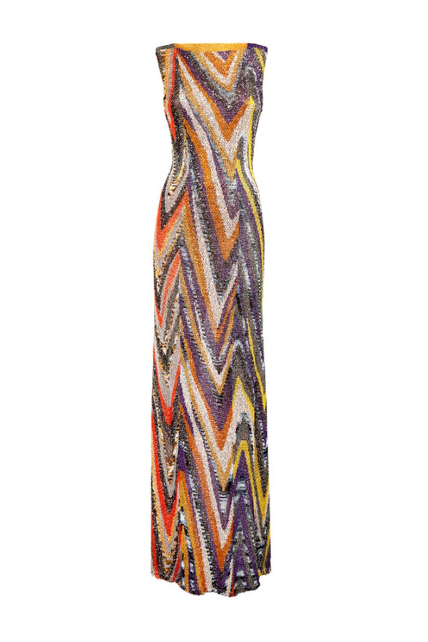 Sequin-Embellished Metallic Crochet-Knit Maxi Dress